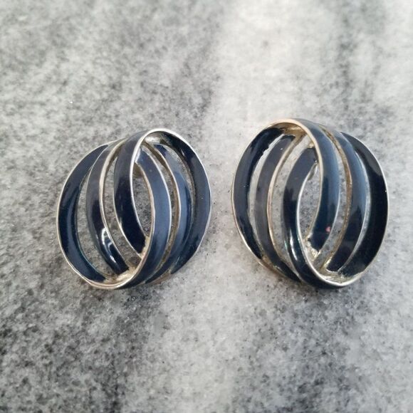 Vintage OPER Signed Retro Blue Enamel Post Earrings, 80s Design, Silver Tone - Picture 6 of 6